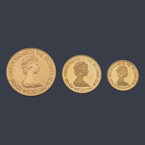  Tres monedas conmemorativas Isabel II, Bailïa de Jersey en oro de 22 K.