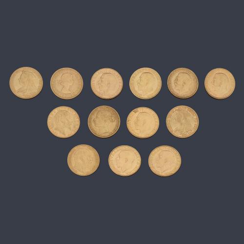  13 Monedas "arras" libras inglesas en oro amarillo de 22 K.