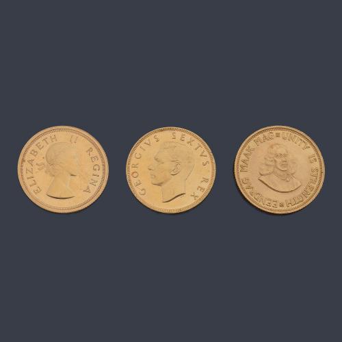  Tres monedas conmemorativas de Sudáfrica en oro de 22 K.