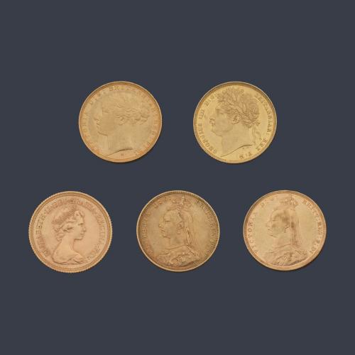  5 Monedas libras inglesas en oro de 22 K.