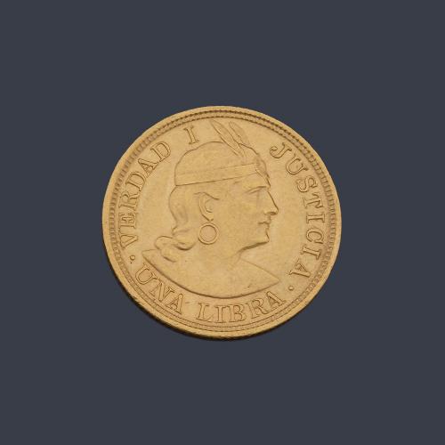  Moneda 1 Libra, República de Perú, Lima en oro de 22 K.