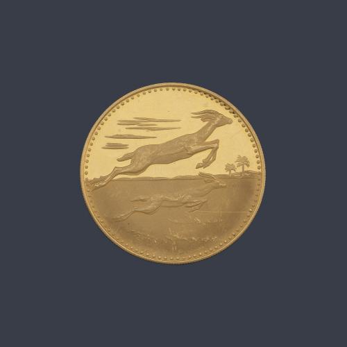  Moneda conmemorativa de 100 riyales del emirato de Umm Al-Quwain en oro de 22 K.