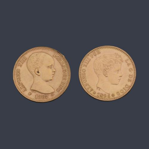  Dos monedas de 20 pesetas, Alfonso XIII en oro de 22 K.