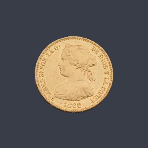  Isabel II 10 escudos, 1868 en oro de 22 K.