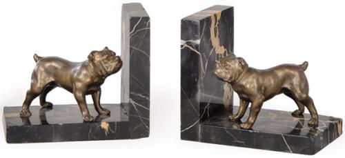 Pareja de sujetalibros en metal patinado y mármol negro jaspeado, representando a dos bulldog, Francia h. 1920.