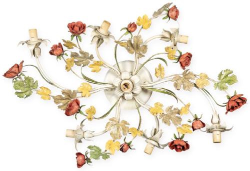  Lámpara de techo de 6 brazos de luz en forma de ramas con hojas y flores en metal pintado.