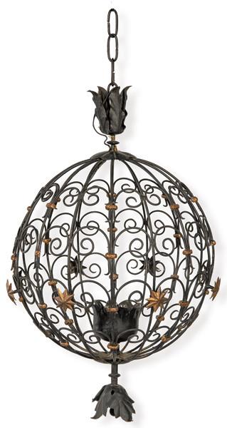  Farol esférico de hierro forjado con decoración de estrellas doradas.