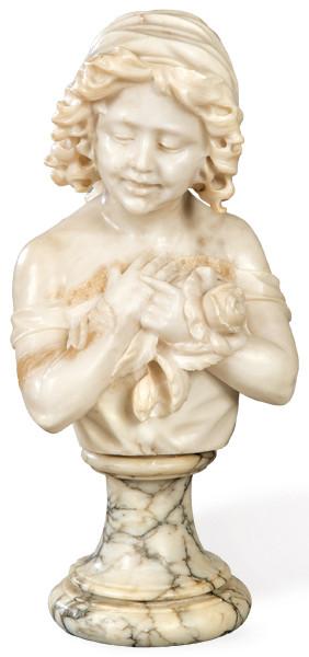  "Niña con Rosa" busto tallado en mármol blanco, Italia h. 1900.