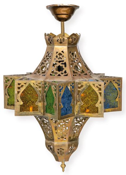  Farol de techo moruno en latón y cristales de colores en forma de estrella