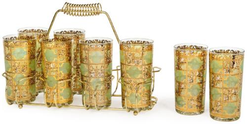  Juego de ocho vasos altos de cristal de Culver modelo Prado Green, esmaltados en verde con aplicación de oro de 22 kilates.