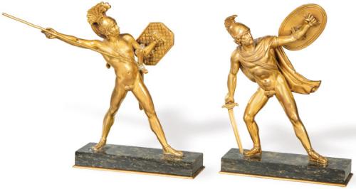 Pareja de sujetalibros de bronce dorado "Rómulo" y "Tito Tacio" S. XIX.