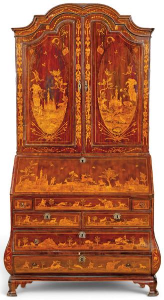  Bureau cabinet rococó, concebido en dos cuerpos con alzado de armario sobre escritorio abatible y base de cajones.