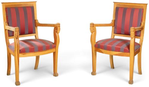  Pareja de butacas estilo Imperio en madera de pino en su color, con tapicería de tela de rayas. S. XX