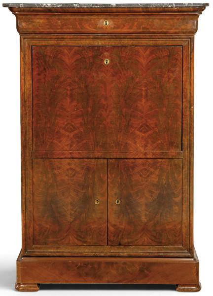  Secreter abattant Louis Philippe en caoba y palma de caoba, con tapa de mármol negro.