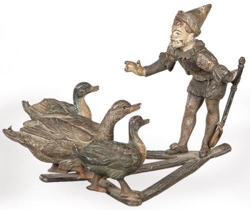  "Pierrot con Ocas" en bronce con restos de policromía, Viena h. 1900.