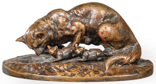  "Gata con Cachorros" en bronce patinado, Francia S. XIX.