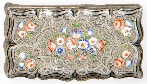  Caja de rapé de plata francesa punzonada 1ª Ley y esmalte, con marca de orfebre (no identificado) y marca de exportación en vigor de 1839 a 1879.