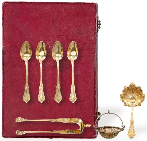  Juego de cubiertos para te de plata francesa vermeille, punzonada 1ª Ley de Doutre Roussel Claude, con marca de exportación S. XIX.