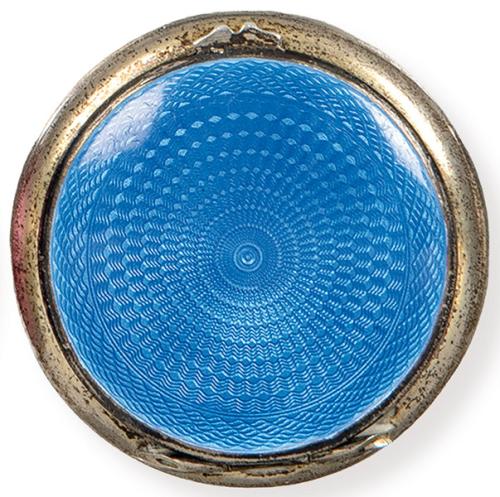  Cajita de tocador circular de plata inglesa punzonada Ley Sterling, de Alexander Clark & Co Ltd Birmingham 1928 con trabajo de guilloché azul.