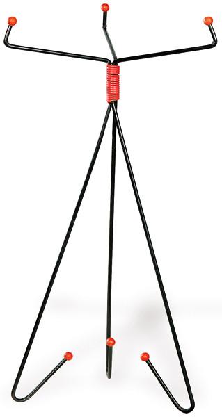  Tripode de mesa de mesa con estructura de varilla de metal pintado de negro terminadas en bolas de plástico rojo.