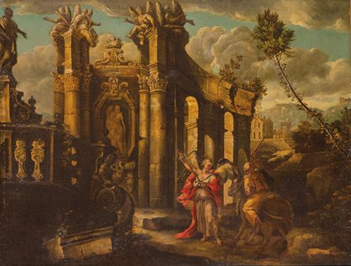  ESCUELA ITALIANA S. XVIII - Paisaje con el ángel de Dios reprendiendo a Balaam