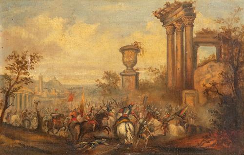  ESCUELA ITALIANA S. XVIII - Escena de batalla con arquitecturas