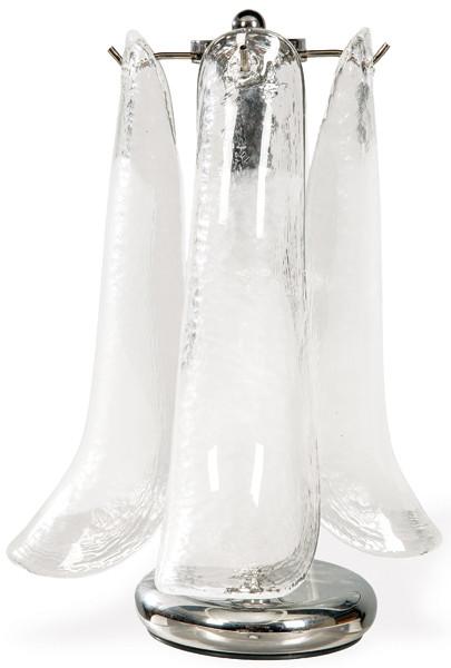  Lámpara de mesa modelo Tulipani, atribuida a Novaresi, con estructura metálica cromada y difusores de vidrio de Murano transparente y blanco. Conjunto modular de tulipas curvadas dispuestas en torno a un eje central.