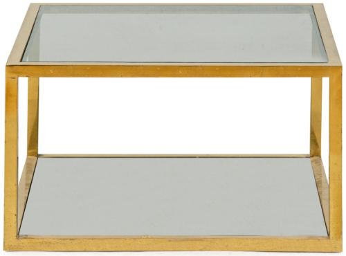  Mesa auxiliar rectangular de estructura tubular de sección cuadrada de latón con tablero superior y estante inferior de vidrio ahumado.