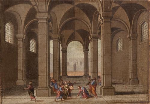  ESCUELA FLAMENCA S. XVII - Arquitectura con escena de Jesús y la adúltera