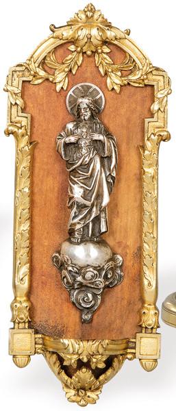  Pila de agua bendita de madera y bronce dorado y plateado, España primera mitad S. XX.
