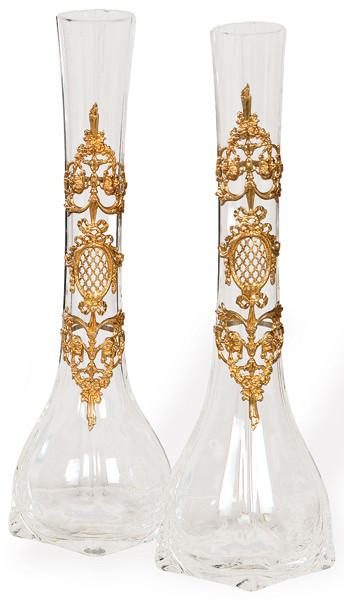  Pareja de violeteros de cristal y latón, estilo Luís XVI, Francia ff. S. XIX