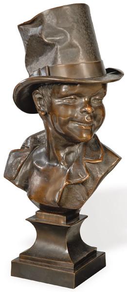  Odoardo Luis Razzautti (Italia activo en la segunda mitad del S. XIX y pp. S. XX"Golfillo con Chistera"Busto en bronce patinado firmado "Razzauti"