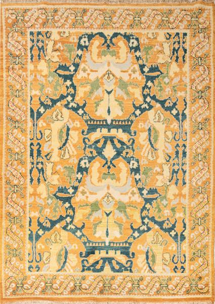  Alfombra española en lana tipo Cuenca en tonos azules y amarillos, mediados S. XX