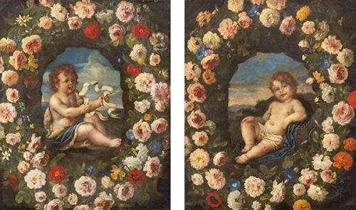  CÍRCULO DE GIOVANNI STANCHI S. XVII - Pareja de orla de flores con el Niño Jesús y San Juanito