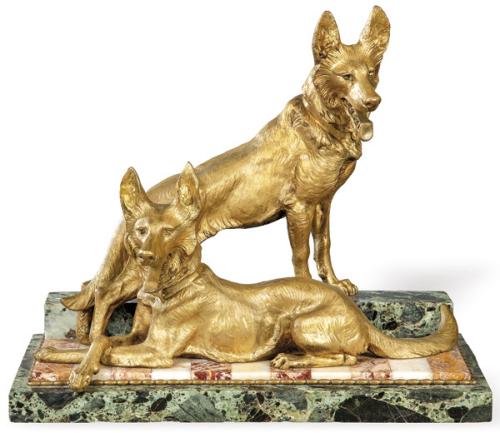  Escultura de bronce de dos perros pastor alemán
