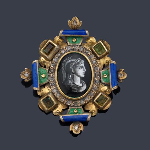  Colgante - broche con motivo central con el busto de la Diosa Minerva en porcelana de Limóges, enmarcada en grisalla y aplicaciones de esmalte de Morella bicolor. S. XVII - S.XVIII.