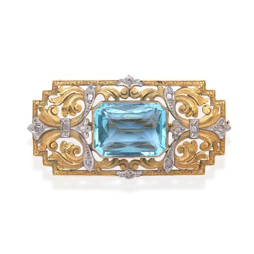  Broche modernista Catalán con espinela azul sintética con diamantes talla rosa. Años '30.