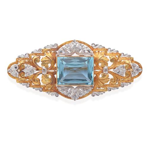  Broche Modernista Catalán con espinela azul sintética, diamantes talla rosa en montura de oro amarillo de 18K. Años '30.