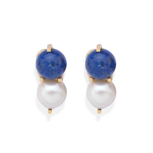  Pendientes cortos con diseño 'tú y yo' con perla cultivada de aprox. 8,00 mm y cuenta esférica de lapislázuli.