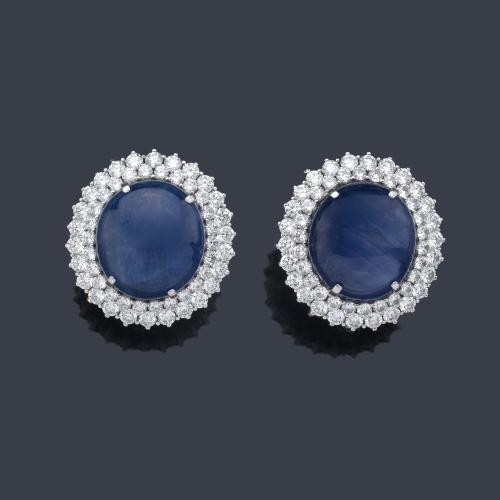  Pendientes zafiros cabuchón 20,23 y 15,35 y diamantes 4,73 con certificado en platino