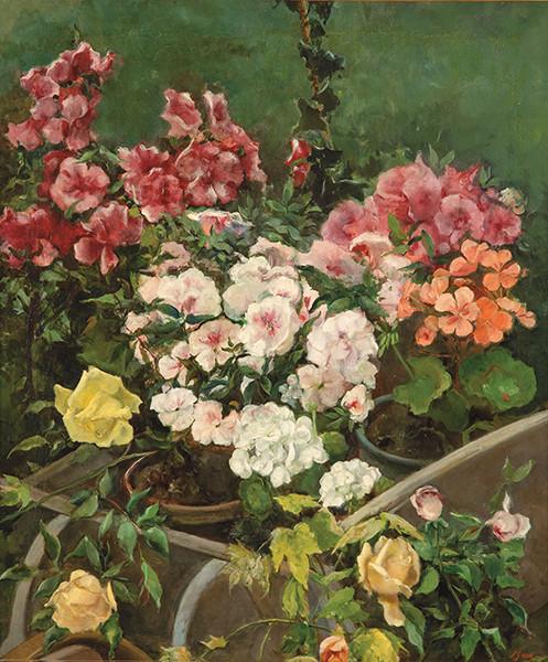  SEBASTIAN GESSA - Carretilla con geranios, rosas y otras flores