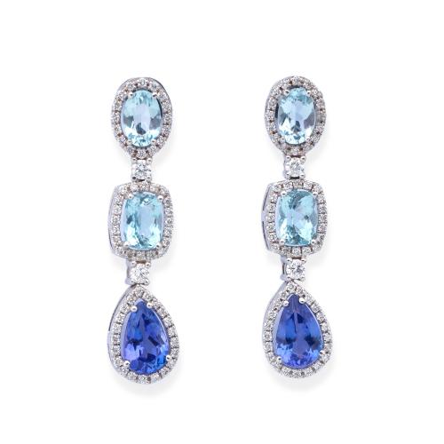  Pendientes largos con aguamarinas talla oval de 4,00 ct y tanzanita talla perilla de aprox. 2,00 ct en total.