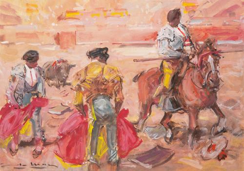  ÁNGEL MARCOS - Cuadro doble con escenas de toros (verso / reverso)