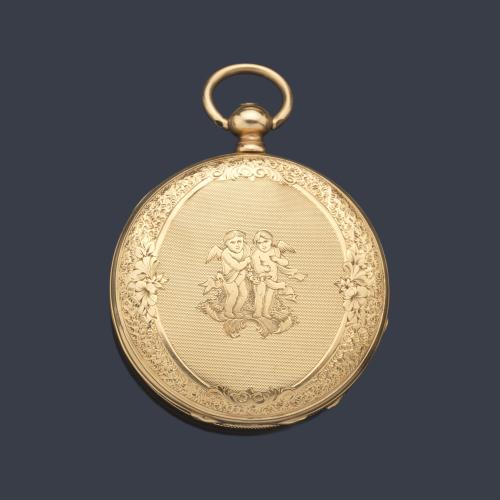  Reloj saboneta de colgar con caja en oro amarillo de 18 K.