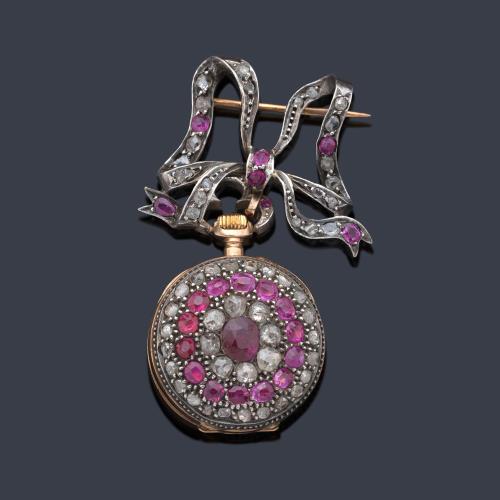 Reloj joya lepin de colgar con broche lazada en oro rosa de 18 K con  diamantes y rubíes.