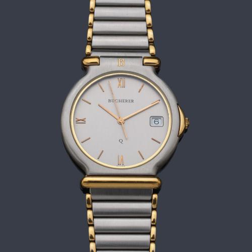  BUCHERER de caballero con caja y brazalete en acero y oro de 18 K.
