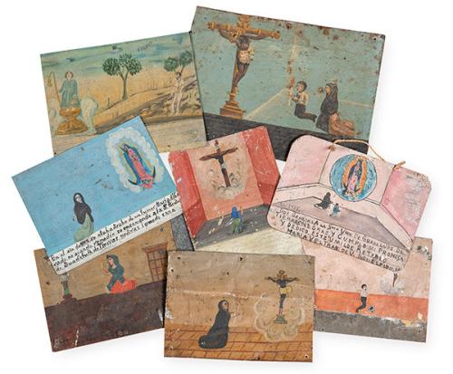  ESCUELA MEXICANA S. XX - Importante colección de 8 exvotos mexicanos con la Guadalupana, el Señor de Chalma y el Señor del Veneno