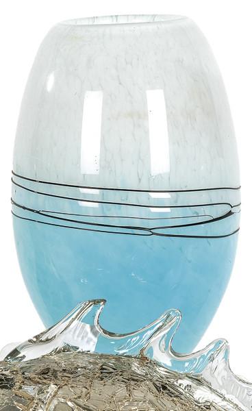  Jarrón ovoide de cristal de Murano, blanco y azul con hilos negros aplicadosd perimetralmente.