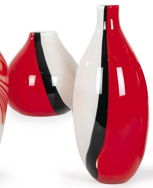  Juego de dos jarrones de cristal de Murano con decoración geométrica blanca, roja y negra.