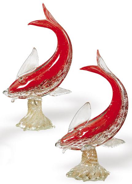  Pareja de peces de cristal de Murano de Venini, firmados y fechados en 1974 y 1975 respectivamente.